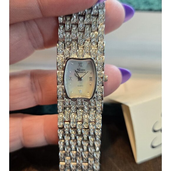 Suzanne Somers Vintage Silver Watch W/ Pave Crystals & Mother of Pearl Face - Picture 2 of 11